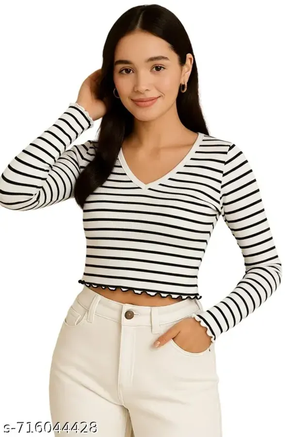 Women_S_Black_White_Striped_Ribbed_Crop_Top_Full_Sleeve_V_Neck_Casual_Wear_Top