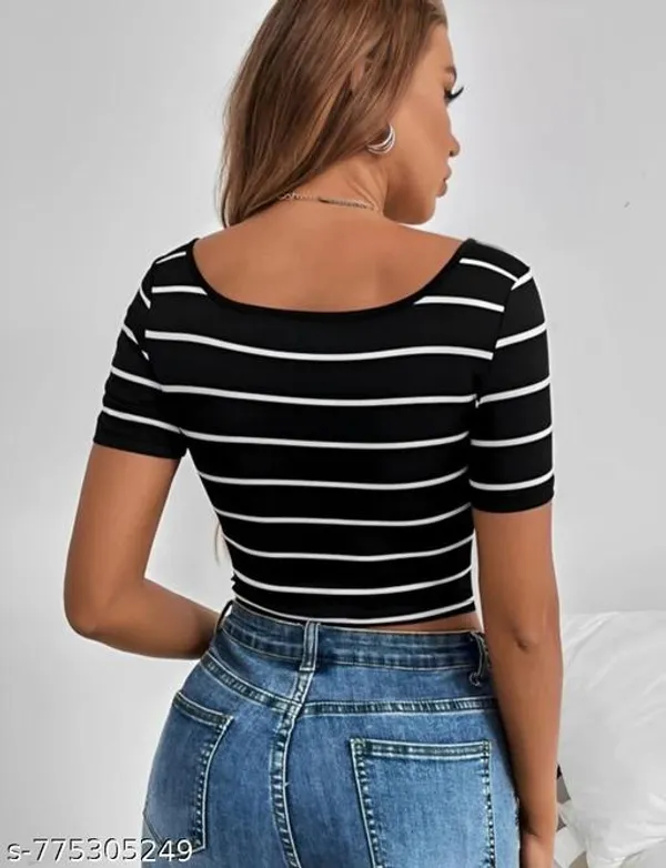 Women_White_Black_Striped_Round_Neck_Crop_Top_Ribbed_Slim_Fit_Half_Sleeve_T_Shirt_For_Girls