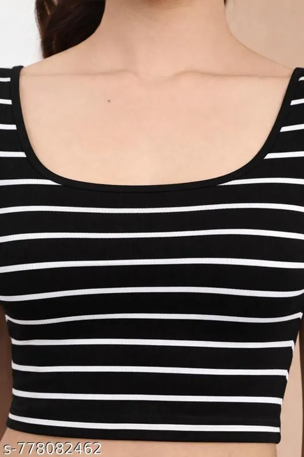 Women_Black_White_Striped_Scoop_Neck_Crop_Top_Stretchable_Short_Sleeve_Bodycon_Top