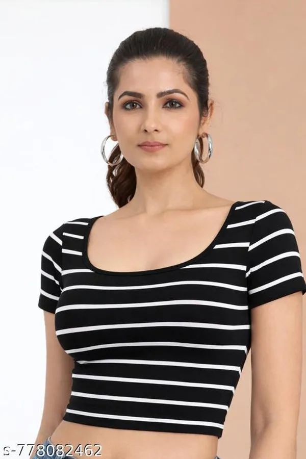 Women_Black_White_Striped_Scoop_Neck_Crop_Top_Stretchable_Short_Sleeve_Bodycon_Top