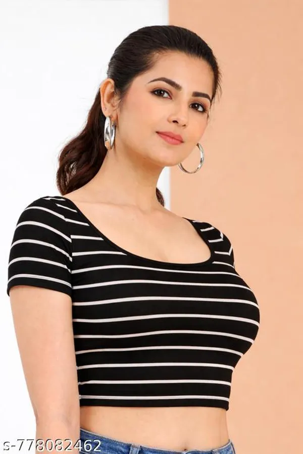 Women_Black_White_Striped_Scoop_Neck_Crop_Top_Stretchable_Short_Sleeve_Bodycon_Top