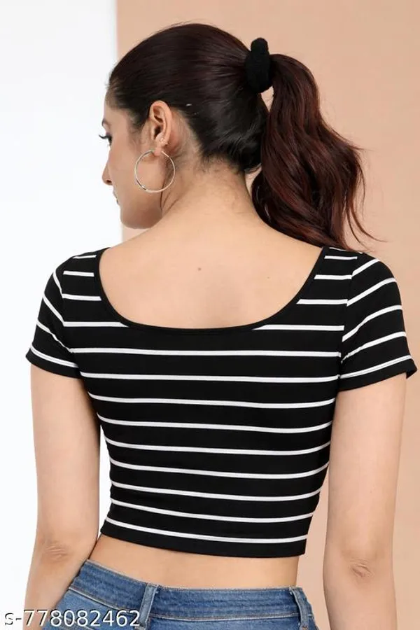 Women_Black_White_Striped_Scoop_Neck_Crop_Top_Stretchable_Short_Sleeve_Bodycon_Top