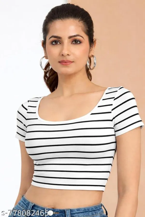 Women_Black_White_Striped_Scoop_Neck_Crop_Top_Stretchable_Short_Sleeve_Bodycon_Top