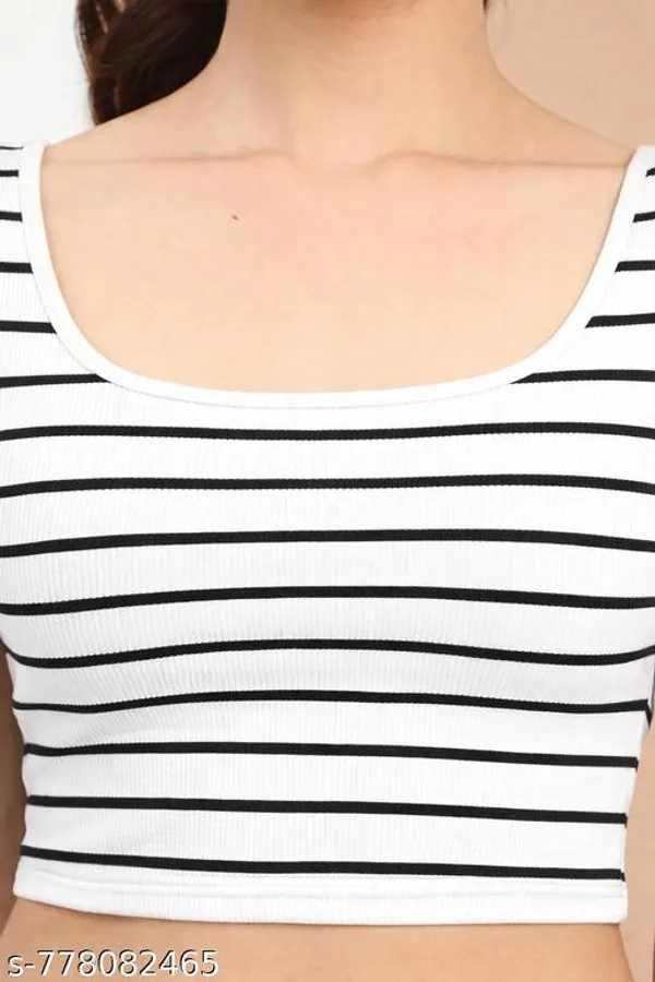 Women_Black_White_Striped_Scoop_Neck_Crop_Top_Stretchable_Short_Sleeve_Bodycon_Top