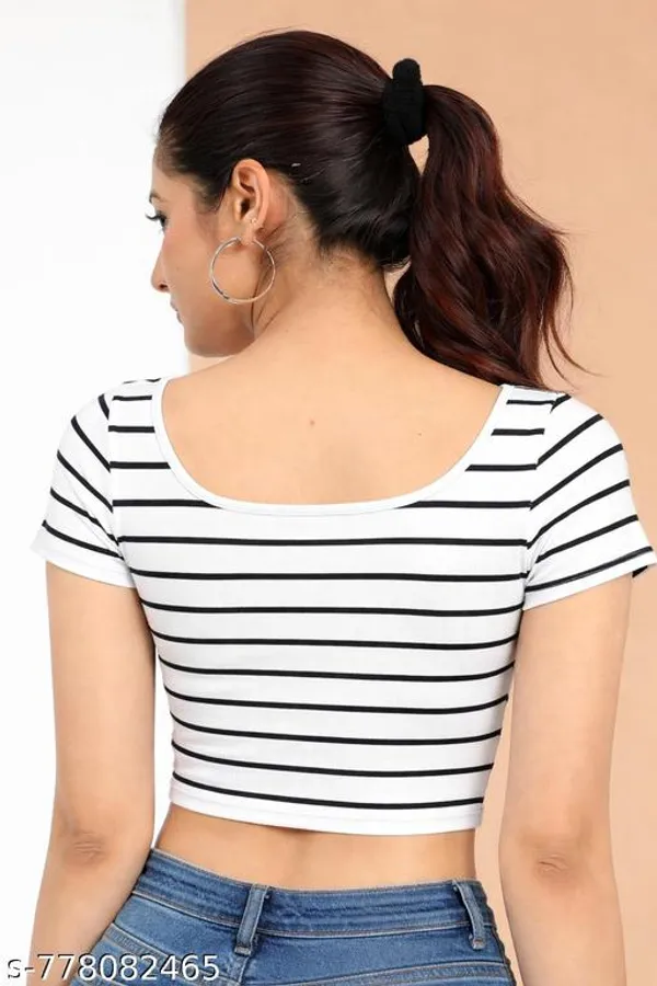 Women_Black_White_Striped_Scoop_Neck_Crop_Top_Stretchable_Short_Sleeve_Bodycon_Top