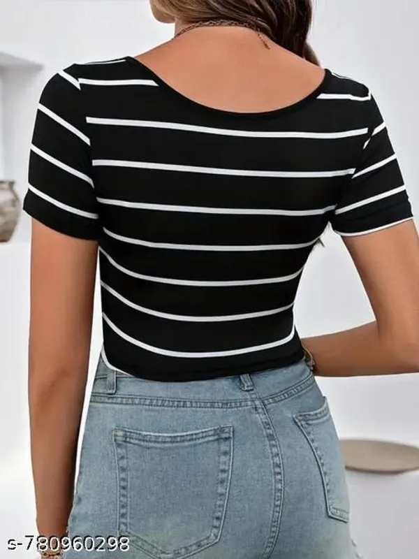 Women_Scoop_Neck_Striped_Crop_Top_Short_Sleeve_Slim_Fit_Ribbed_Cotton_Crop_Tee_For_Girls_Women