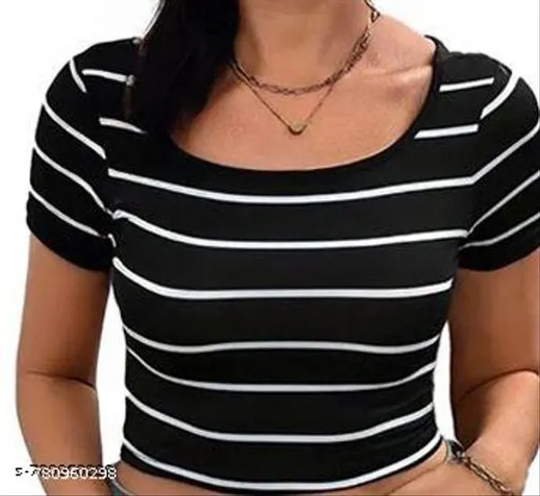 Women_Scoop_Neck_Striped_Crop_Top_Short_Sleeve_Slim_Fit_Ribbed_Cotton_Crop_Tee_For_Girls_Women