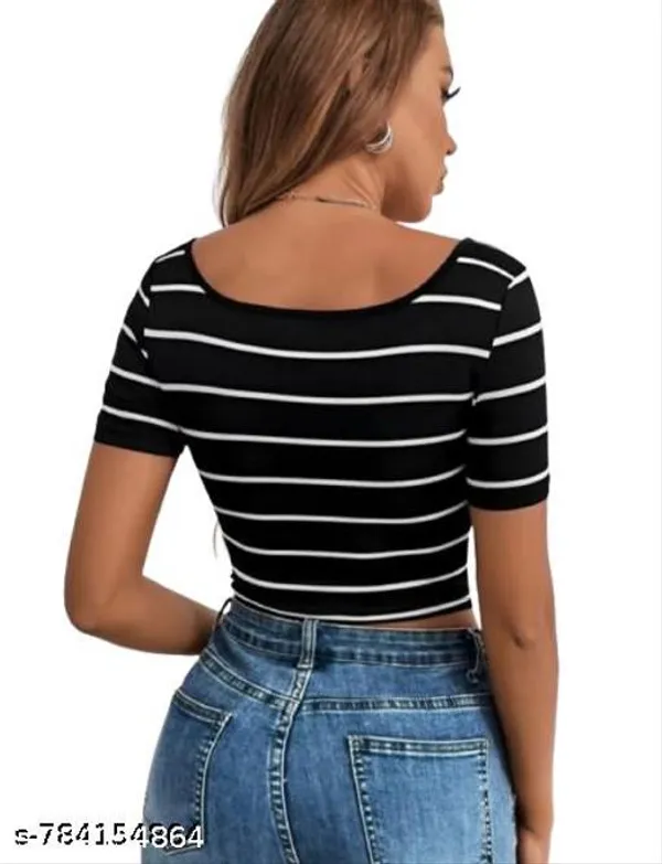 Women_White_Black_Striped_Scoop_Neck_Crop_Top_Slim_Fit_Short_Sleeve_Casual_Ribbed_T_Shirt_Top