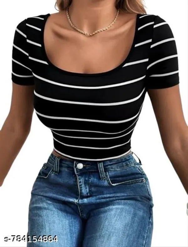 Women_White_Black_Striped_Scoop_Neck_Crop_Top_Slim_Fit_Short_Sleeve_Casual_Ribbed_T_Shirt_Top