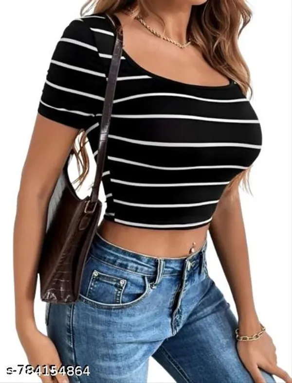 Women_White_Black_Striped_Scoop_Neck_Crop_Top_Slim_Fit_Short_Sleeve_Casual_Ribbed_T_Shirt_Top