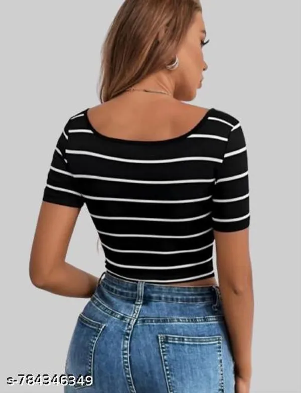 Women_Black_White_Striped_Scoop_Neck_Crop_Top_Slim_Fit_Short_Sleeve_Casual_Stretch_Top