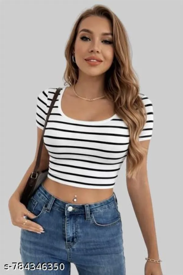 Women_Black_White_Striped_Scoop_Neck_Crop_Top_Slim_Fit_Short_Sleeve_Casual_Stretch_Top
