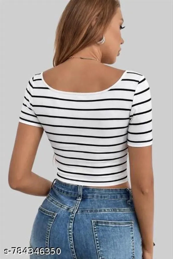 Women_Black_White_Striped_Scoop_Neck_Crop_Top_Slim_Fit_Short_Sleeve_Casual_Stretch_Top