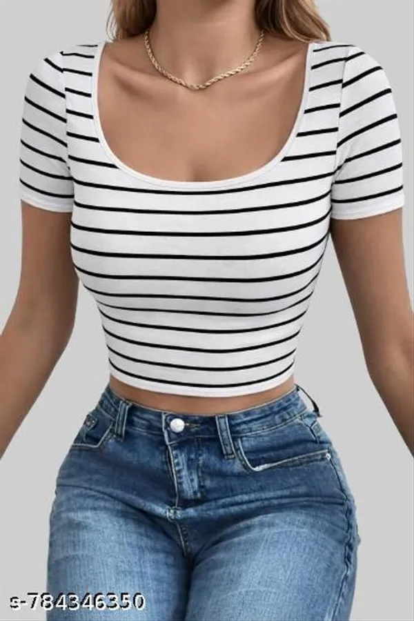 Women_Black_White_Striped_Scoop_Neck_Crop_Top_Slim_Fit_Short_Sleeve_Casual_Stretch_Top