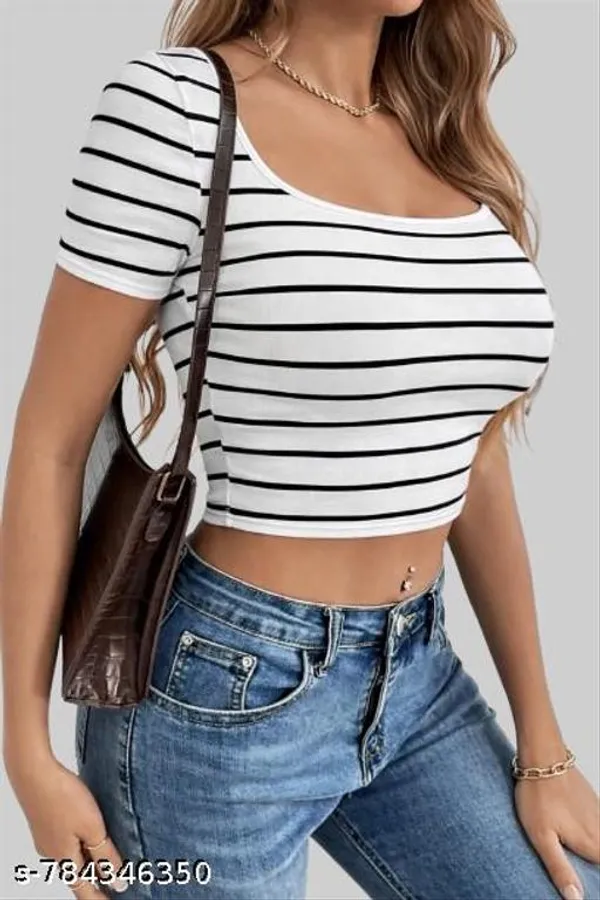 Women_Black_White_Striped_Scoop_Neck_Crop_Top_Slim_Fit_Short_Sleeve_Casual_Stretch_Top