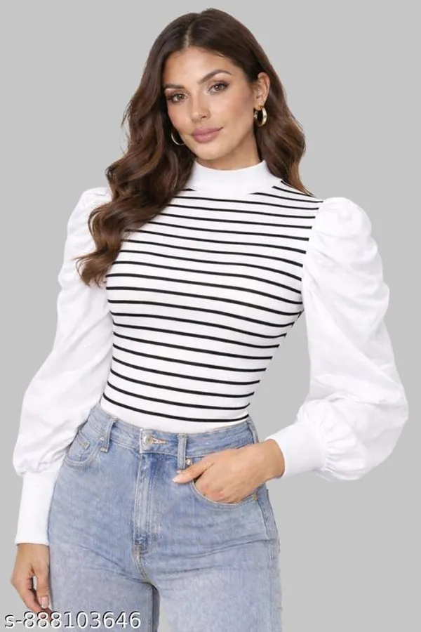 Women_Black_Striped_High_Neck_Top_Puff_Sleeve_Full_Sleeve_Stylish_Casual_Party_Wear_Top