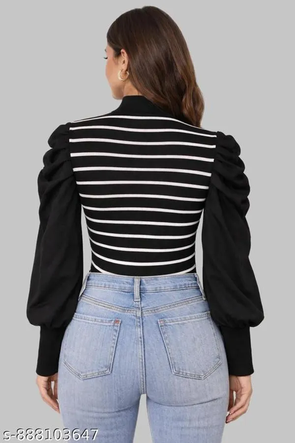 Women_Black_Striped_High_Neck_Top_Puff_Sleeve_Full_Sleeve_Stylish_Casual_Party_Wear_Top