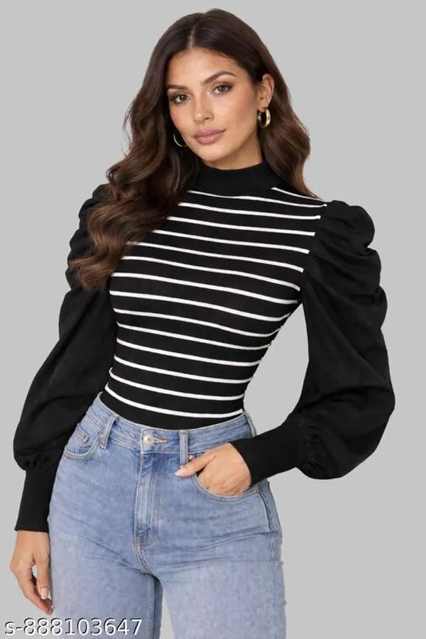 Women_Black_Striped_High_Neck_Top_Puff_Sleeve_Full_Sleeve_Stylish_Casual_Party_Wear_Top