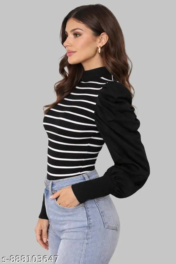Women_Black_Striped_High_Neck_Top_Puff_Sleeve_Full_Sleeve_Stylish_Casual_Party_Wear_Top