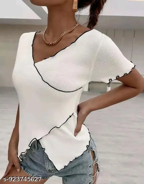 Women_S_Slim_Fit_White_Ribbed_Top_With_Black_Lettuce_Hem