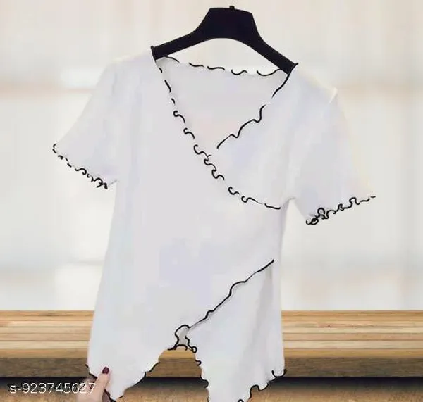 Women_S_Slim_Fit_White_Ribbed_Top_With_Black_Lettuce_Hem