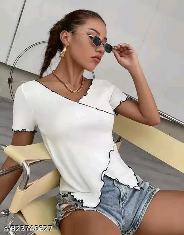 Women_S_Slim_Fit_White_Ribbed_Top_With_Black_Lettuce_Hem