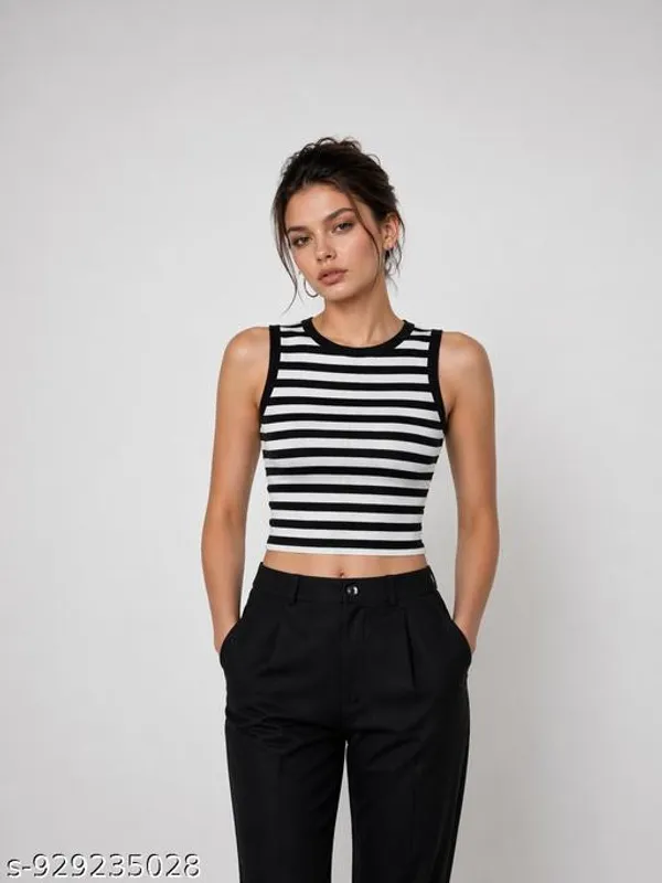 Women_And_Girls_Striped_Crop_Tank_Top_Sleeveless_Round_Neck_Slim_Fit_Top_Stretchable_Casual_Wear_Stripe_Tank_Top