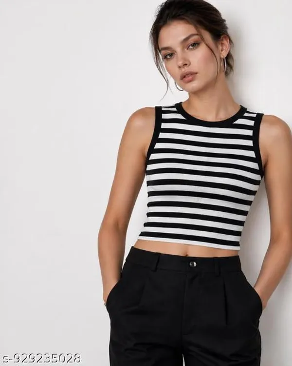 Women_And_Girls_Striped_Crop_Tank_Top_Sleeveless_Round_Neck_Slim_Fit_Top_Stretchable_Casual_Wear_Stripe_Tank_Top