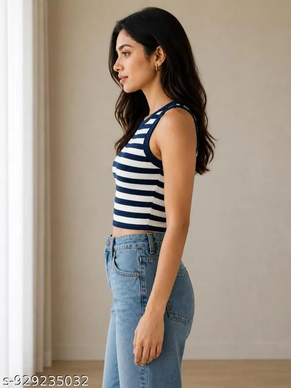 Women_And_Girls_Striped_Crop_Tank_Top_Sleeveless_Round_Neck_Slim_Fit_Top_Stretchable_Casual_Wear_Stripe_Tank_Top