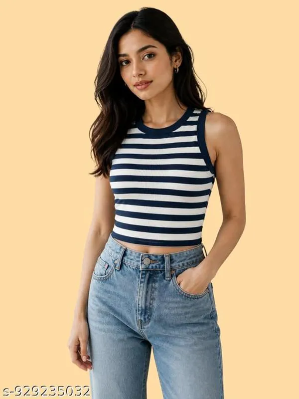Women_And_Girls_Striped_Crop_Tank_Top_Sleeveless_Round_Neck_Slim_Fit_Top_Stretchable_Casual_Wear_Stripe_Tank_Top