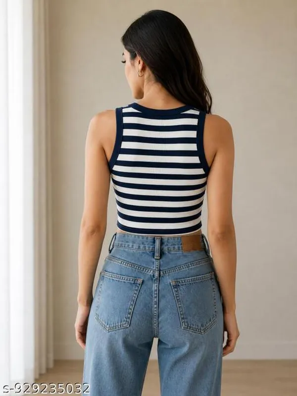 Women_And_Girls_Striped_Crop_Tank_Top_Sleeveless_Round_Neck_Slim_Fit_Top_Stretchable_Casual_Wear_Stripe_Tank_Top
