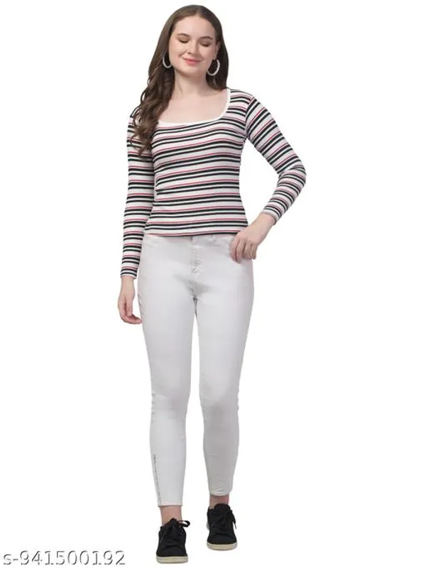 Girl_And_Women_Striped_Ribbed_Top_Full_Sleeve_Square_Neck_Fitted_Western_Top_For_Women