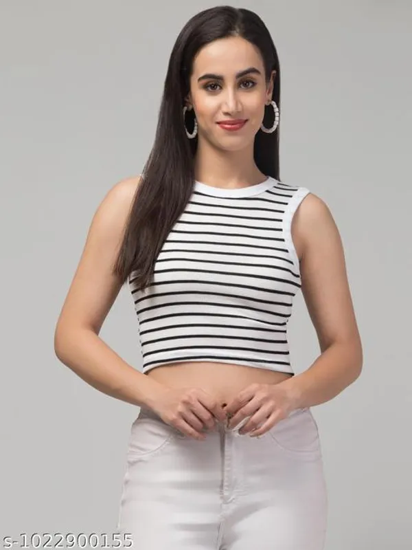 Girls_Black_White_Striped_Ribbed_Sleeveless_Crop_Tank_Top_Round_Neck_Casual_Stretch_Vest