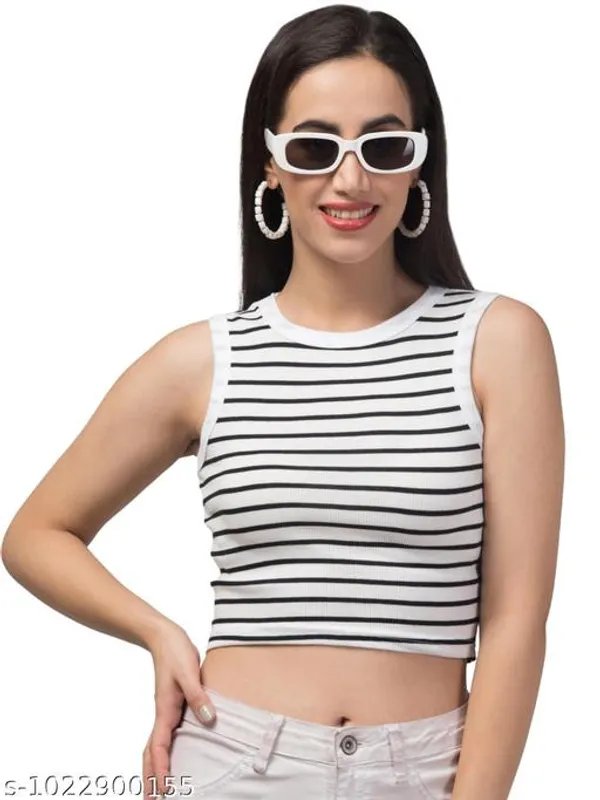 Girls_Black_White_Striped_Ribbed_Sleeveless_Crop_Tank_Top_Round_Neck_Casual_Stretch_Vest