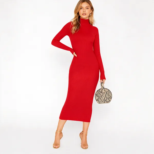 Stylish_Ribbed_Bodycon_Dress_For_Women_Solid_Red_High_Neck_Long_Sleeve_Dress