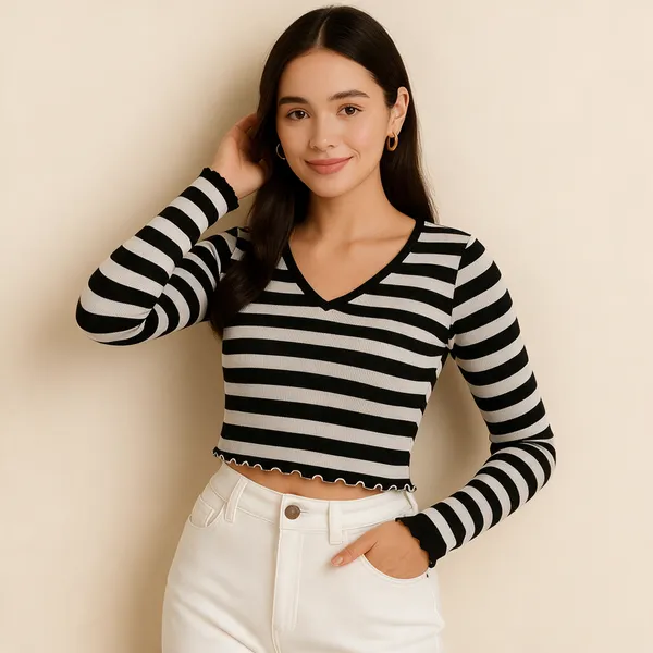 Women_S_Striped_Cropped_Top_Long_Sleeve_V_Neck_Ribbed_Top