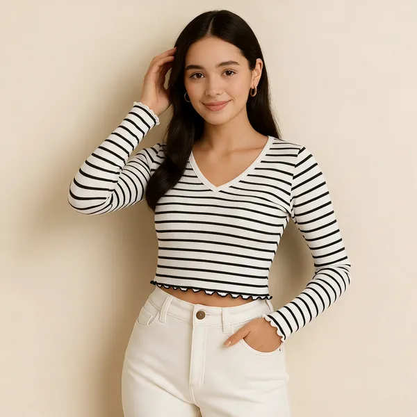 Women_S_Striped_Cropped_Top_Long_Sleeve_V_Neck_Ribbed_Top