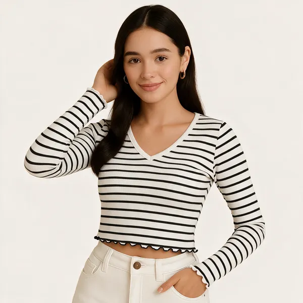 Women_S_Black_White_Striped_Ribbed_Crop_Top_Full_Sleeve_V_Neck_Casual_Wear_Top