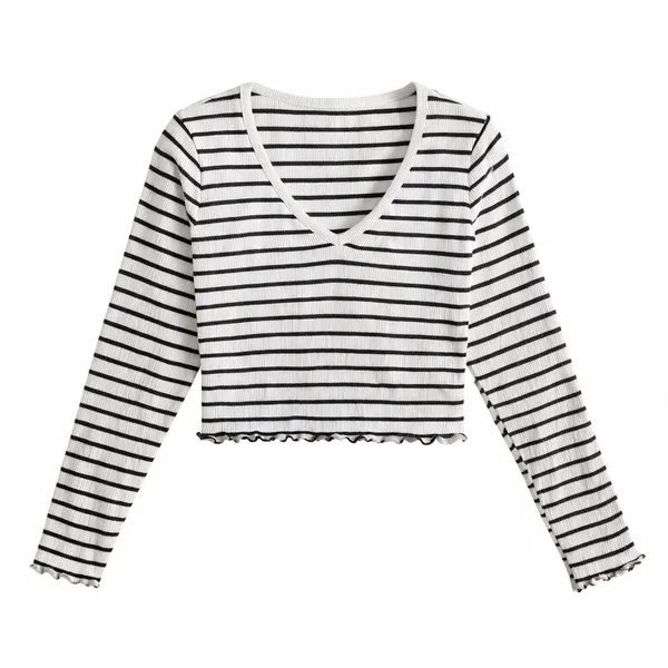 Women_S_Black_White_Striped_Ribbed_Crop_Top_Full_Sleeve_V_Neck_Casual_Wear_Top