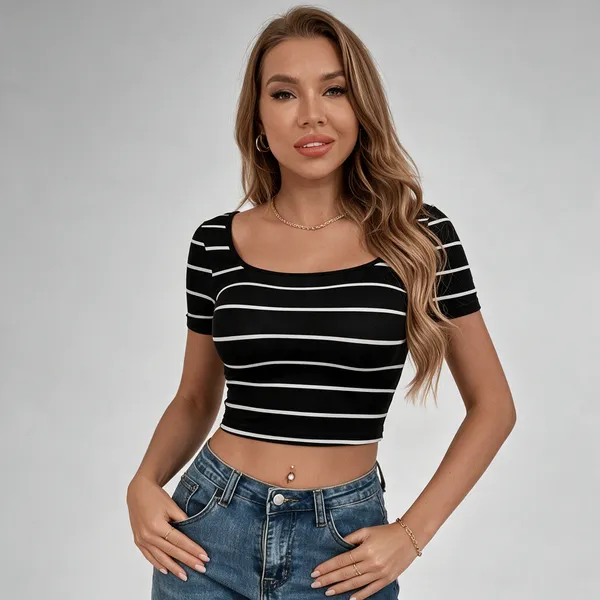 Women_White_Black_Striped_Round_Neck_Crop_Top_Ribbed_Slim_Fit_Half_Sleeve_T_Shirt_For_Girls
