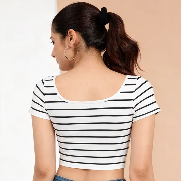 Women_Black_White_Striped_Scoop_Neck_Crop_Top_Stretchable_Short_Sleeve_Bodycon_Top