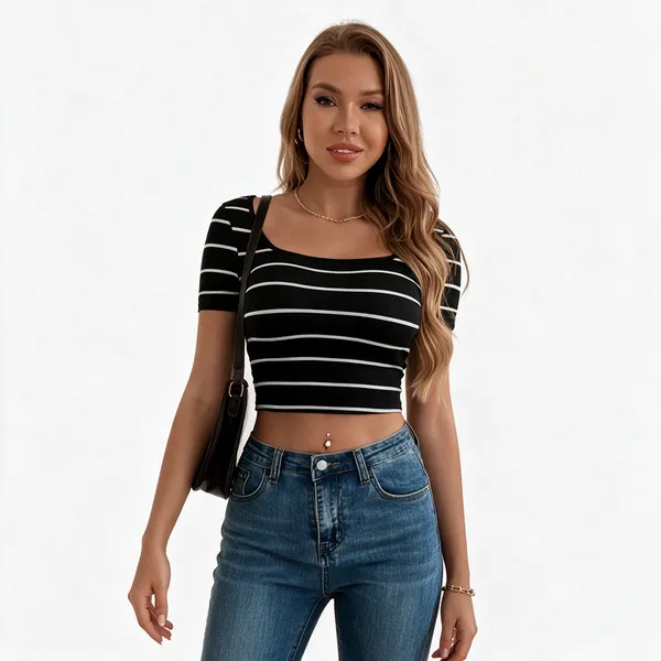 Women_White_Black_Striped_Scoop_Neck_Crop_Top_Slim_Fit_Short_Sleeve_Casual_Ribbed_T_Shirt_Top