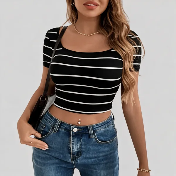Women_Black_White_Striped_Scoop_Neck_Crop_Top_Slim_Fit_Short_Sleeve_Casual_Stretch_Top