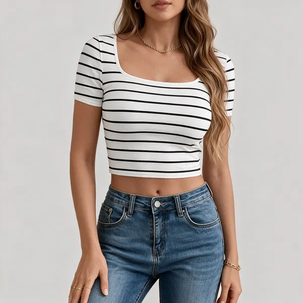 Women_Black_White_Striped_Scoop_Neck_Crop_Top_Slim_Fit_Short_Sleeve_Casual_Stretch_Top