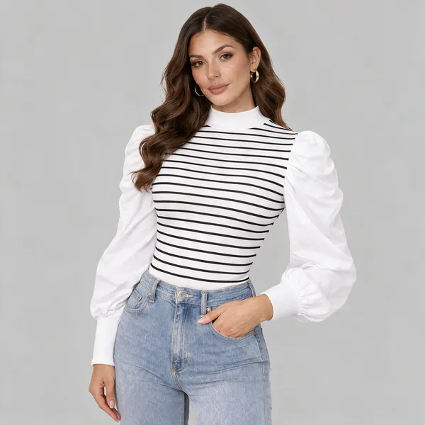 Women_Black_Striped_High_Neck_Top_Puff_Sleeve_Full_Sleeve_Stylish_Casual_Party_Wear_Top