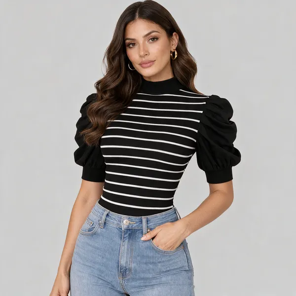 Women_Black_Striped_High_Neck_Top_Puff_Sleeve_Full_Sleeve_Stylish_Casual_Party_Wear_Top