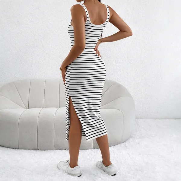 Women_White_Black_Striped_Bodycon_Midi_Dress_With_Side_Slit_Sleeveless_Tank_Dress_Slim_Fit_Casual_Party_Wear