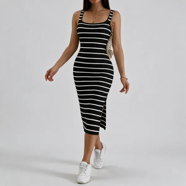 Women_White_Black_Striped_Bodycon_Midi_Dress_With_Side_Slit_Sleeveless_Tank_Dress_Slim_Fit_Casual_Party_Wear