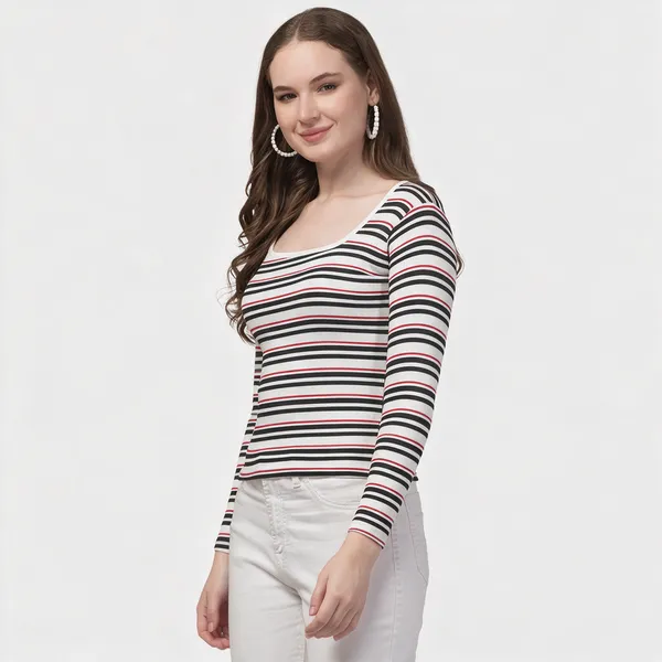 Girl_And_Women_Striped_Ribbed_Top_Full_Sleeve_Square_Neck_Fitted_Western_Top_For_Women