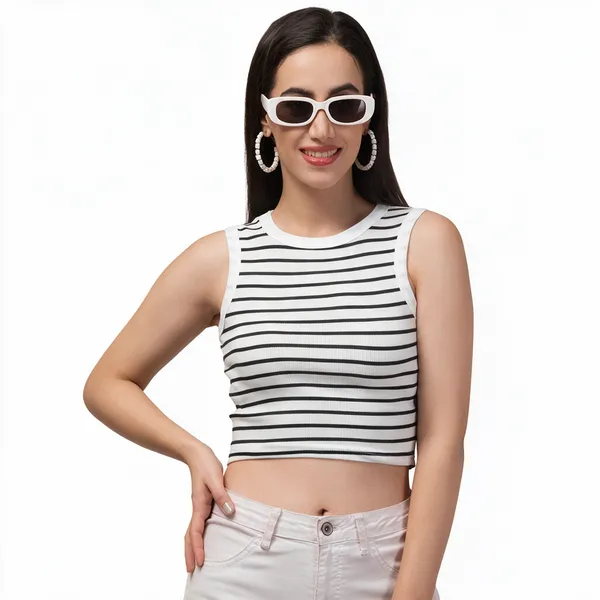Girls_Black_White_Striped_Ribbed_Sleeveless_Crop_Tank_Top_Round_Neck_Casual_Stretch_Vest